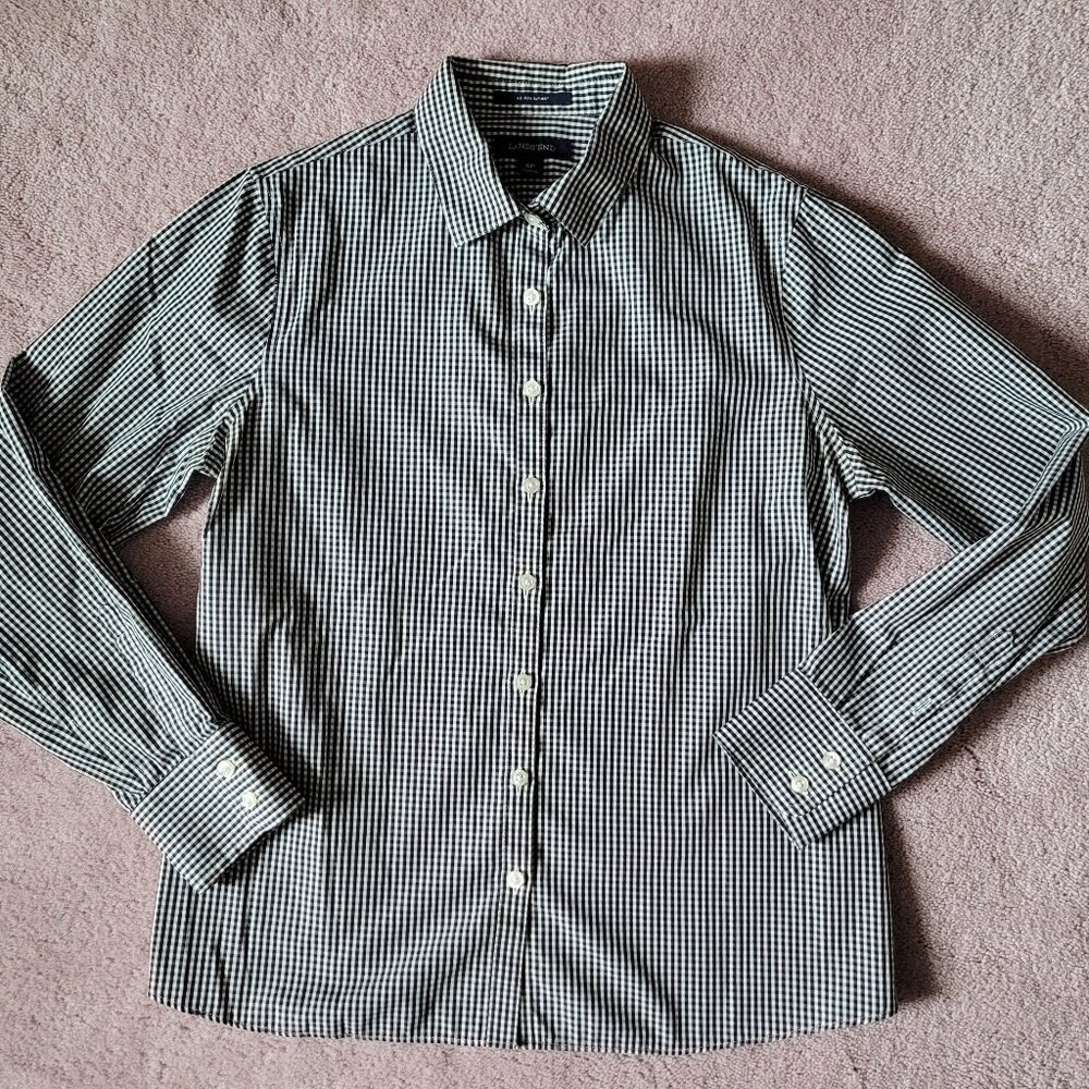 Lands' End No Iron Supima Cotton Button Up Shirt Black White Gingham Plaid 6P